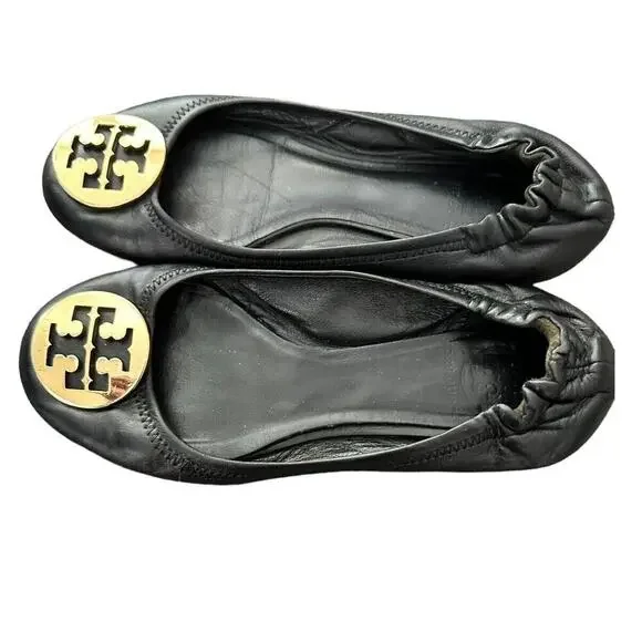 Tory Burch Reva Black Leather Gold Logo Medallion Ballet Flats Size 7 - Picture 6 of 12